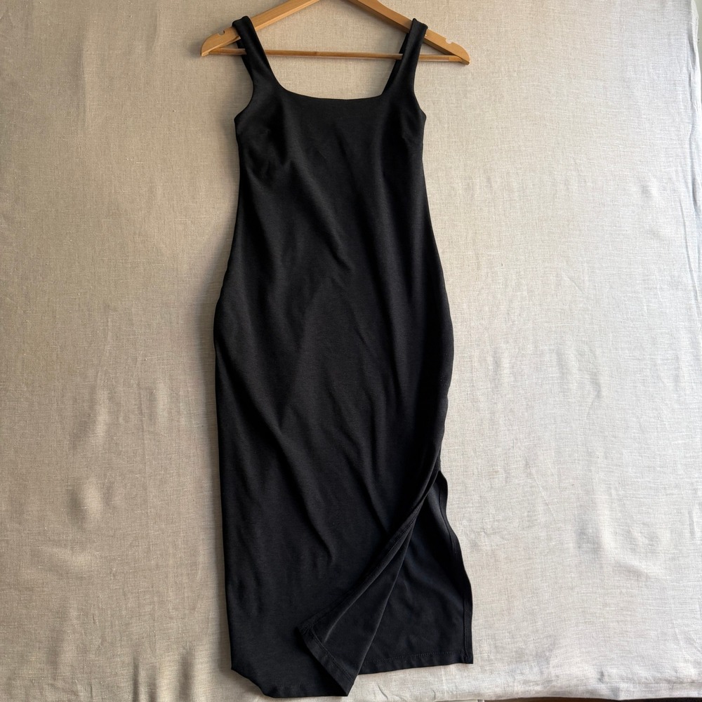Beyond Yoga Spacedye Midi Dress Side Slit Black Jersey Minimalist XS